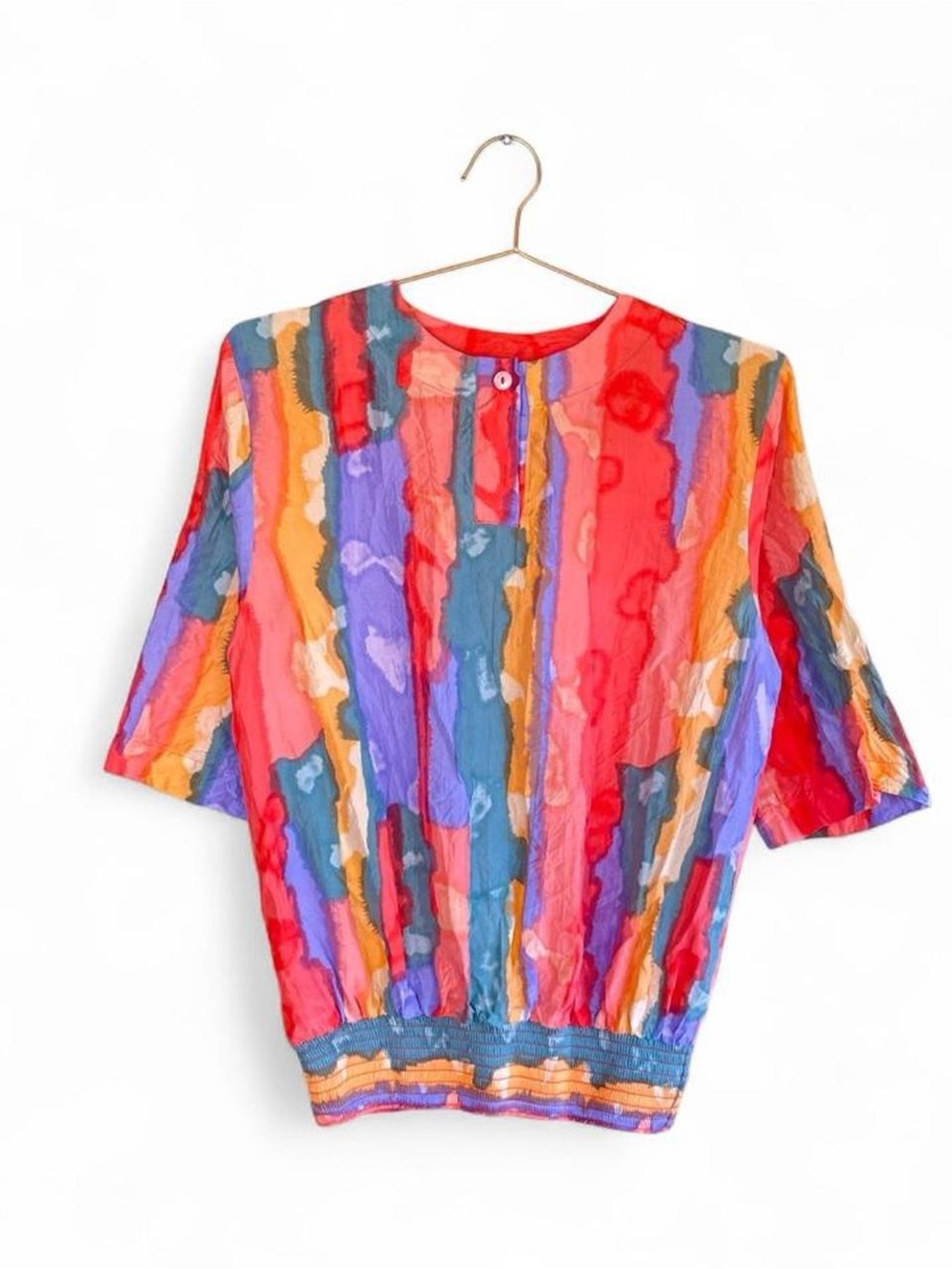 Vintage 80s Stewart Sport Abstract Silk Blouse S/M Colorful Art Print